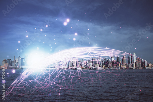 Double exposure of social network theme drawing and cityscape background. Concept of people connecton.