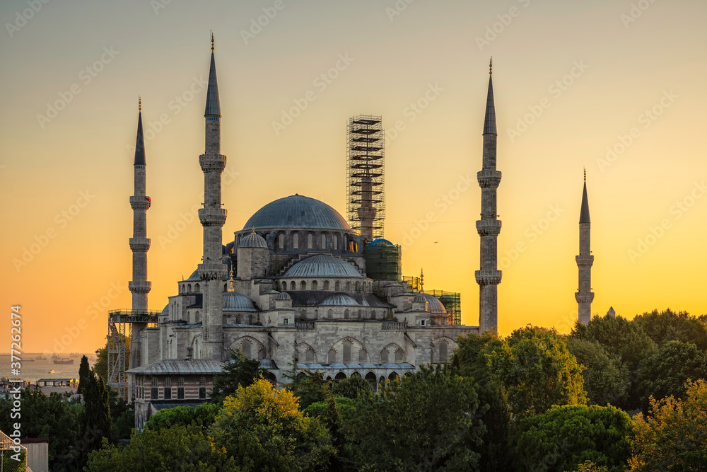 The Blue Mosque (Sultanahmet Camii) with sunset sky, Istanbul, Turkey