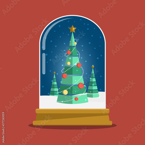 Tall snow globe with Christmas trees and night snowfall sky.  Flat style vector illustration.