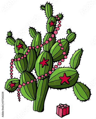 Celebrating the New Year with a cactus. Decorated with a cactus - garlands, stars. White background isolation. Design for postcards.