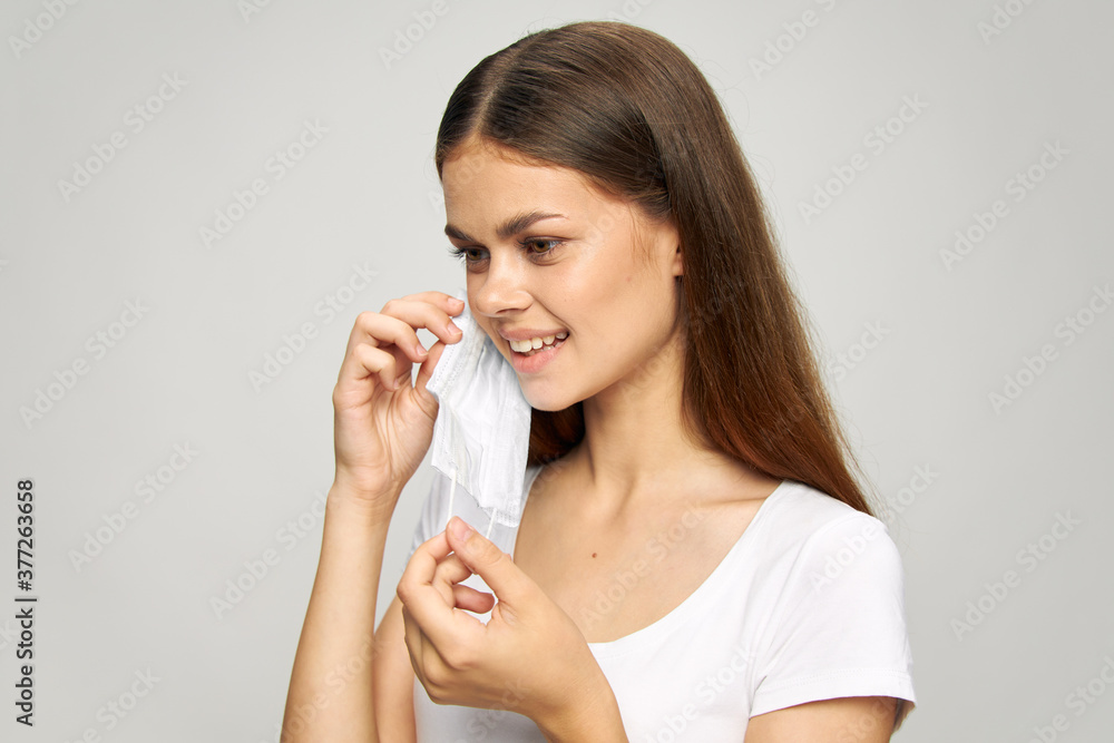 Pretty woman Medical face mask smile safety white t-shirt Pretty woman Medical face mask smile safety white t-shirt