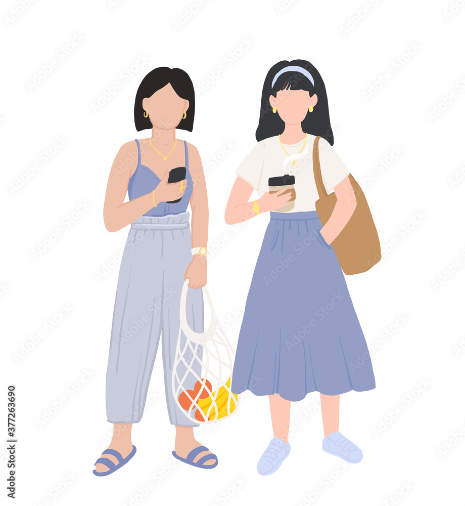 Zero waste life style. Cartoon people with natural eco products in linen bag and a string bag, shopping with zero pollution, concept healthy lifestyle isolated on white background Zero waste life style. Cartoon people with natural eco products in linen bag and a string bag, shopping with zero pollution, concept healthy lifestyle isolated on white background