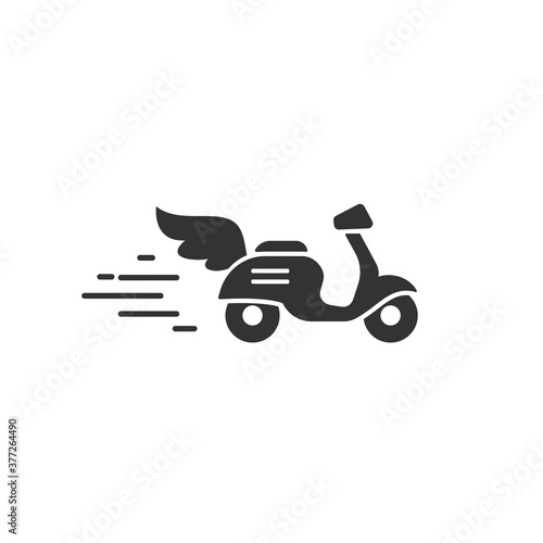 Black line retro scooter or motorbike with wings. Flat vector illustration isolated on white.