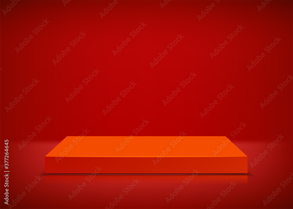 Empty stage. Red background. Podium for presentation. Vector illustration.
