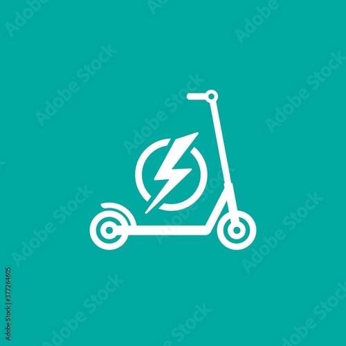 kick scooter or balance bike with lightning bolt icon. Flat push scooter isolated on blue.