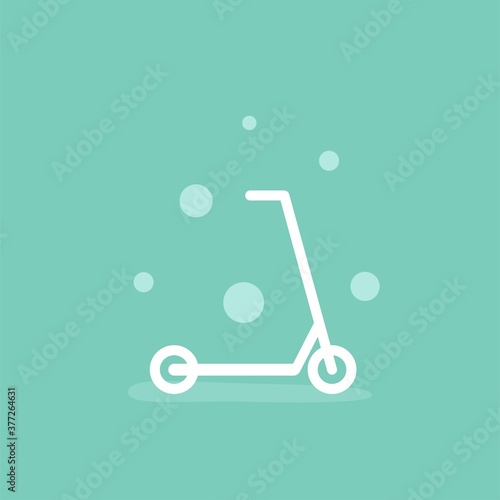 White kick scooter or balance bike icon. Flat push scooter on turquoise background.