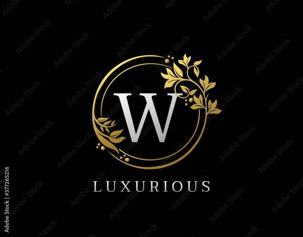Fototapeta premium Luxury Circle W Letter Floral Design. Elegant Gold W Royal Logo Icon.