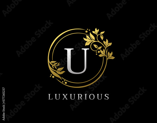 Luxury Circle U Letter Floral Design. Elegant Gold U Royal Logo Icon.