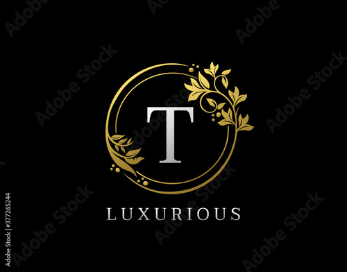 Luxury Circle T Letter Floral Design. Elegant Gold T Royal Logo Icon.