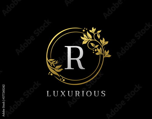 Luxury Circle R Letter Floral Design. Elegant Gold R Royal Logo Icon.