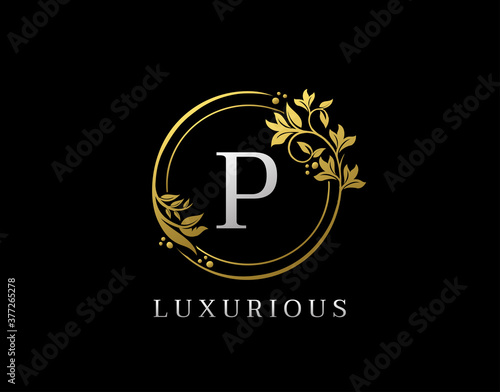 Luxury Circle P Letter Floral Design. Elegant Gold P Royal Logo Icon.