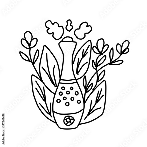 Home humidifier for room. Healthy humidifier vector icons for web design isolated  a white background. Concept of an air purifier device surrounded by leaves.Vector illustration in line style.