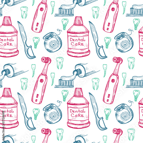 Seamless pattern with dental care tools. Vector hand drawn dental collection