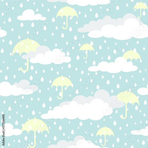 Seamless background with white clouds, umbrellas and raindrops on blue sky.