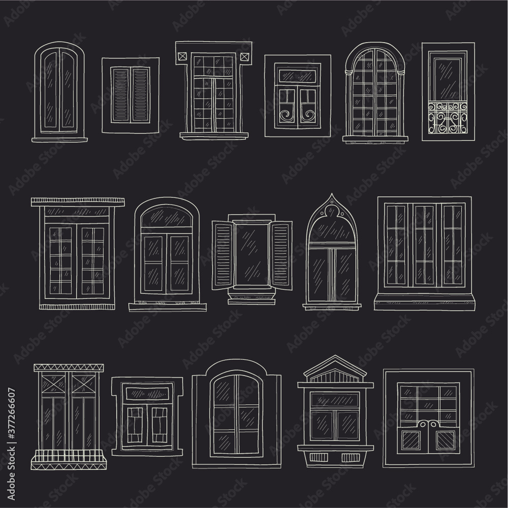 Set of cute hand drawn windows including 15 different types. Vintage windows collection