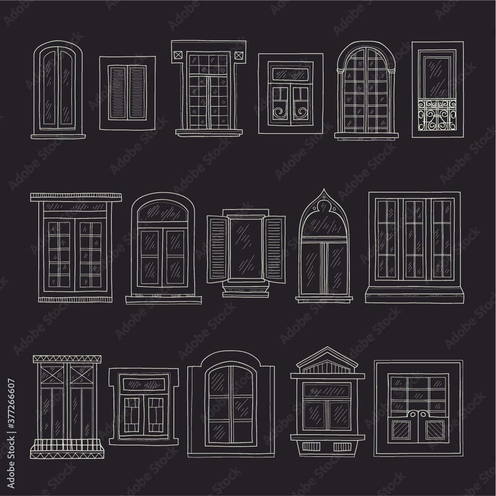 Set of cute hand drawn windows including 15 different types. Vintage windows collection Set of cute hand drawn windows including 15 different types. Vintage windows collection