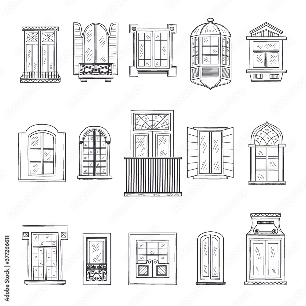 Set of cute hand drawn windows including 15 different types. Vintage windows collection