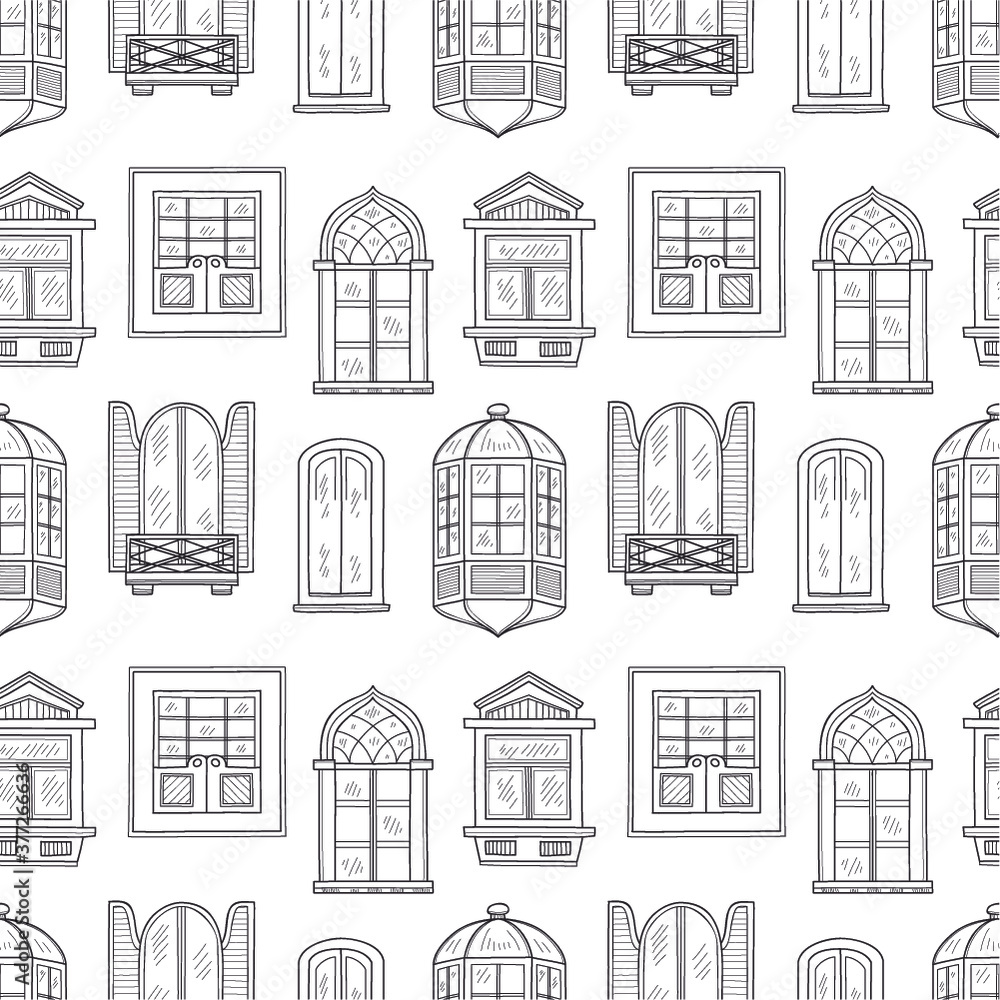 Seamless pattern with cute hand drawn windows  different types. Vintage windows collection