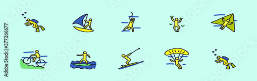 set of sports cartoon icon design template with various models. bike, roller derby and more vector illustration
