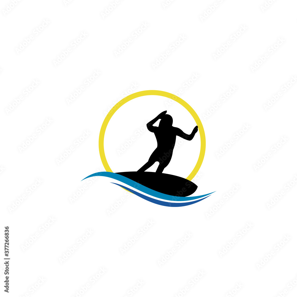 Surf logo template, water sports design vector