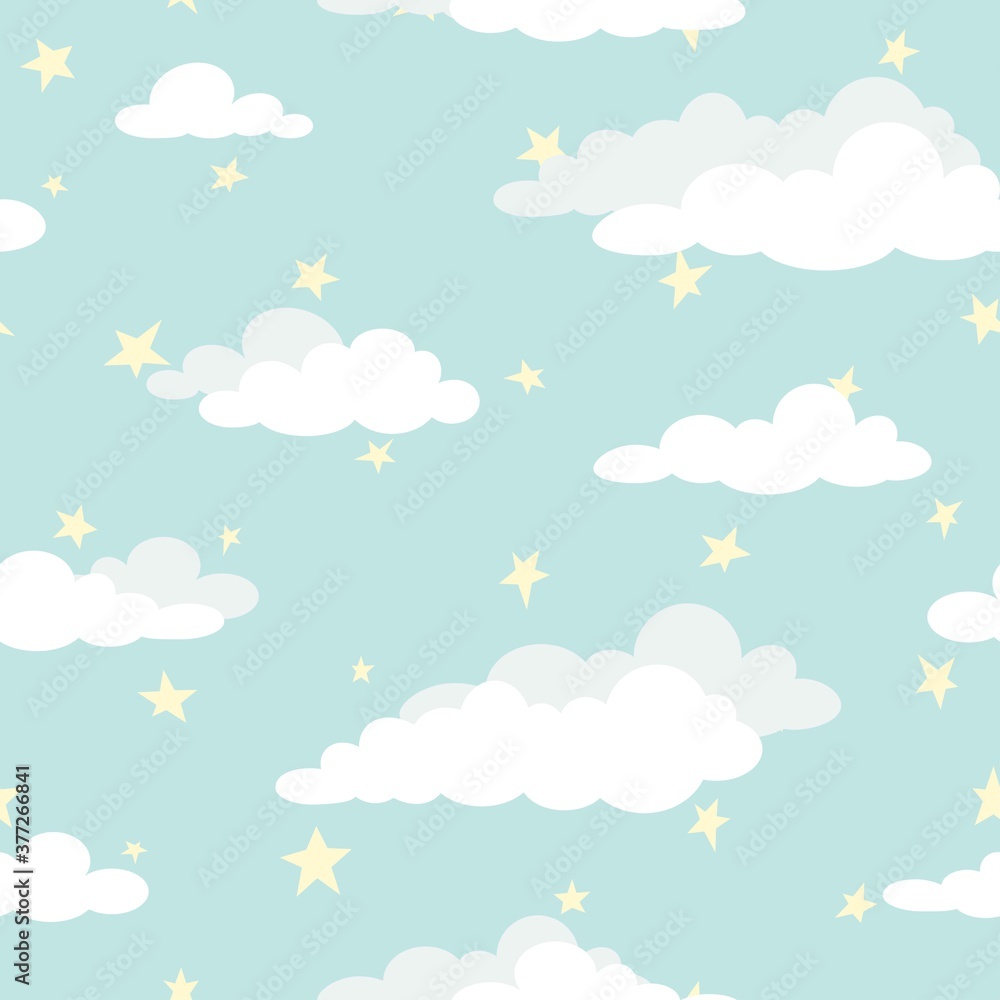 Seamless cartoon background with white clouds and golden stars on turquoise sky.