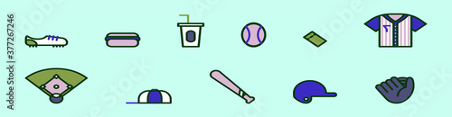 set of set of baseball equipment and elements cartoon icon design template with various models. vector illustration