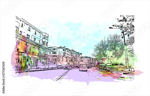 Building view with landmark of Bacau is the main city in Bacau County, Romania. Watercolor splash with hand drawn sketch illustration in vector.