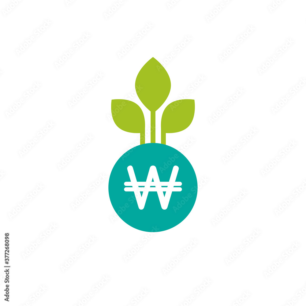 Korean won sign and growing sprout with green leaves. vector icon. Korean won sign and growing sprout with green leaves. vector icon.