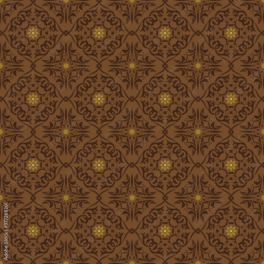Beautiful batik patterns for Javanese traditional clothes with elegant dark brown color design.