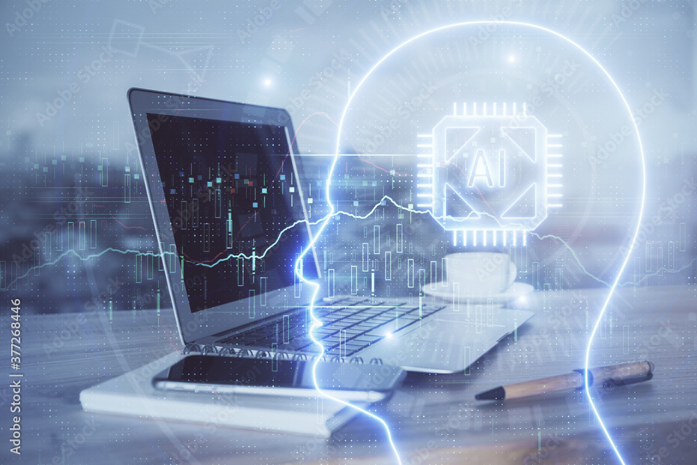 Multi exposure of work table with computer and brain hologram. Brainstorm concept. Multi exposure of work table with computer and brain hologram. Brainstorm concept.