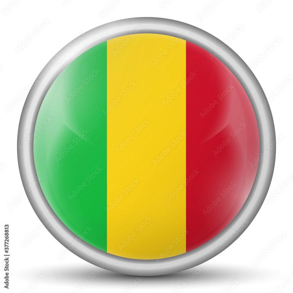 Glass light ball with flag of Mali. Round sphere, template icon. National symbol. Glossy realistic ball, 3D abstract vector illustration highlighted on a white background. Big bubble. Glass light ball with flag of Mali. Round sphere, template icon. National symbol. Glossy realistic ball, 3D abstract vector illustration highlighted on a white background. Big bubble.