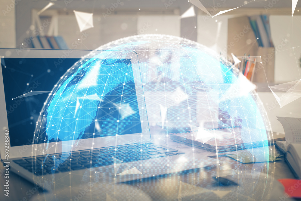 Multi exposure of business theme icons and table with computer background. Concept of success. Multi exposure of business theme icons and table with computer background. Concept of success.