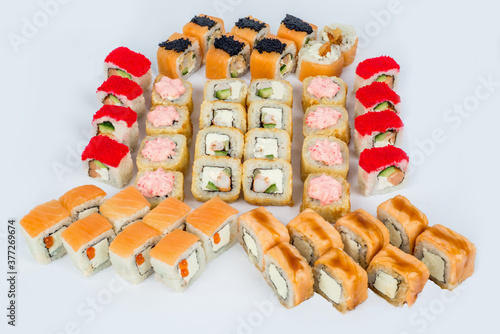Sushi and roll sets shot on a white background