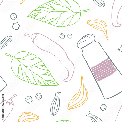 Hand drawn doodle cooking elements. Colorful vector seamless pattern with spices. Chilli pepper, bay leaf, garlic, salt on white background.
