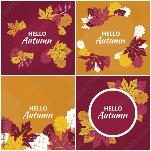 Set of bright autumn postcards. Colorful banners with autumn fallen leaves. 