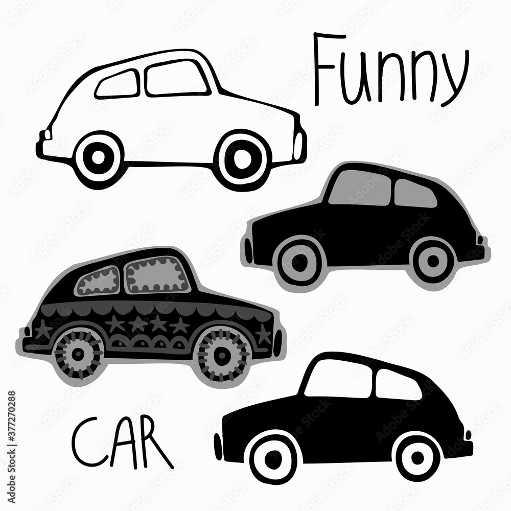 Isolated vector set of a car, lined, silhouette and grey and ornaments on white background. Black and white design. Perfect for coloring, cards, stickers, posters, decorations