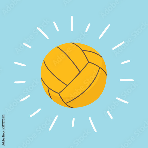 Shining water polo ball. Sport card. Hand drawn vector illustration in cartoon and flat style on blue background