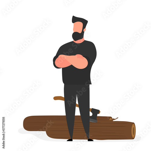 Strong lumberjack. The guy folded his arms over his chest. Large logs and an ax. Isolated. Vector.