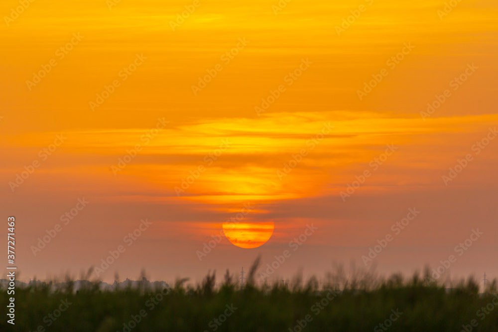 Fototapeta premium Sunset colors over a remote rural field, in autumn, along a wild river bank