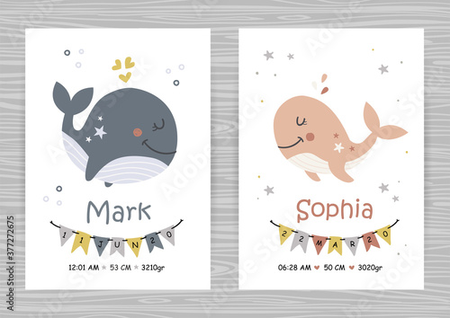 Baby shower invitation templates with marine animals for girl and boy.