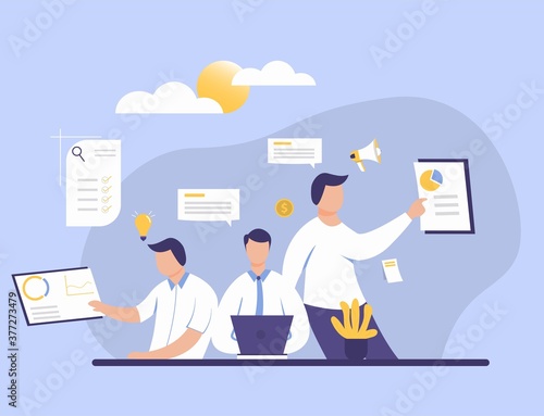 Stressed multitasking Man trying to get in time making many works use computer vector flat illustration. Male office workers hurrying to work isolated on white. landing page, template,  banner.