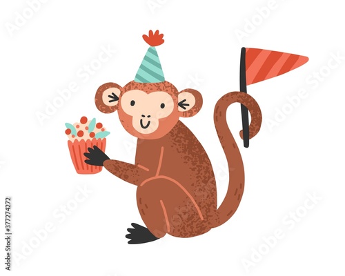 Funny monkey in cone hat holding festive cupcake vector flat illustration. Joyful celebratory marmoset with sweet dessert and festive flag isolated on white. Cute animal for childish birthday