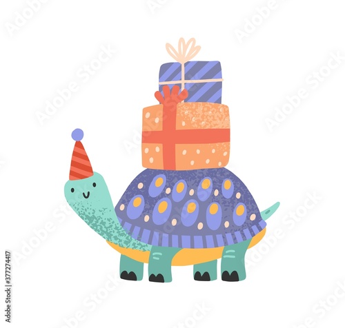 Cute celebratory turtle carrying gift box on tortoiseshell vector flat illust...