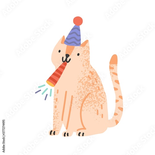 Cute cat blow in festive whistle vector flat illustration. Funny domestic animal in cone hat celebrating birthday or holiday isolated on white. Childish pet for celebration party or congratulation