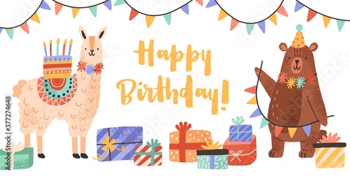 Celebratory card with funny llama and bear holding cake and garland vector flat illustration. Cute animals with gift boxes and bright lettering Happy Birthday isolated. Greeting colorful postcard
