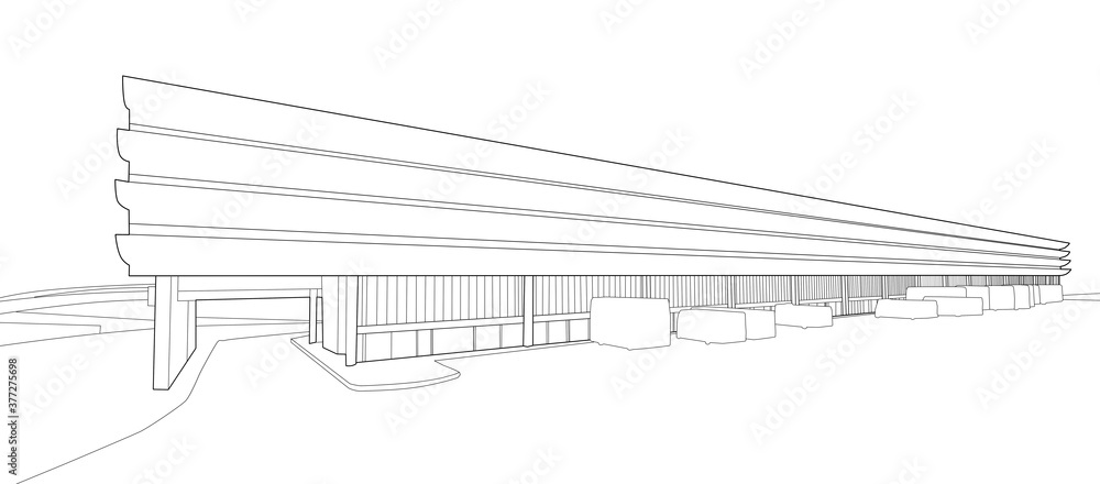 A digital line illustration of the bus station, double decker buses and multistory car park in Preston, Lancashire, UK