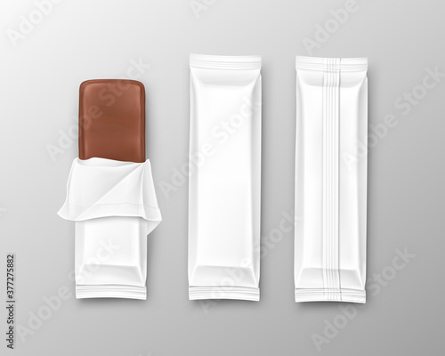 Open flow packaging mockup and chocolate bar template, plastic, foil sweet food packages front, back view isolated, 3d realistic vector illustration. White blank product mock-up for brand ad design.