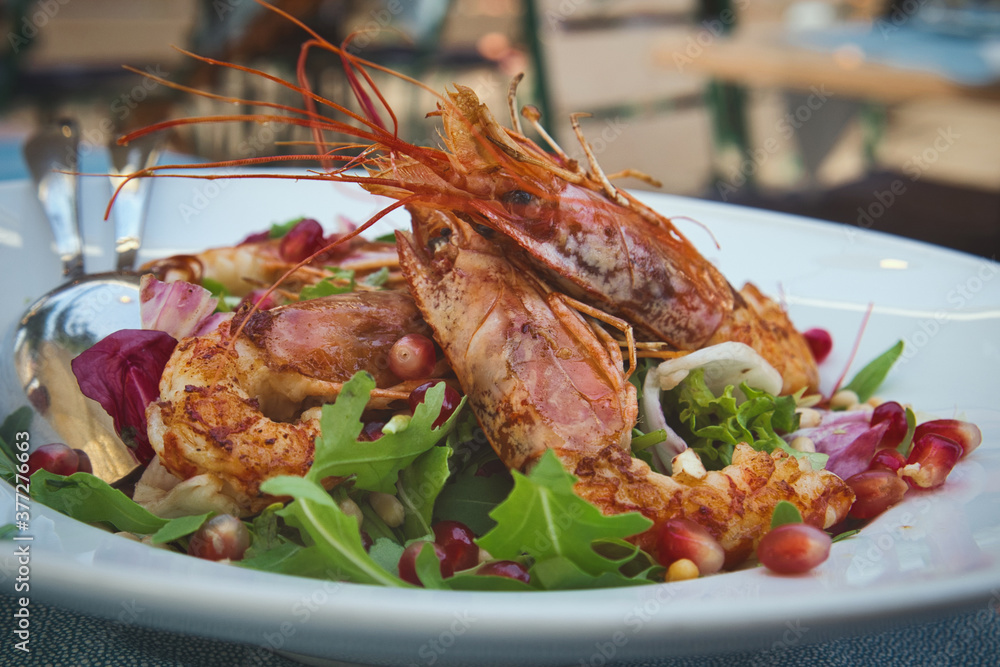 Delicious light shrimp salad with arugula, cherry tomatoes, parmesan cheese and garnet seeds Delicious light shrimp salad with arugula, cherry tomatoes, parmesan cheese and garnet seeds
