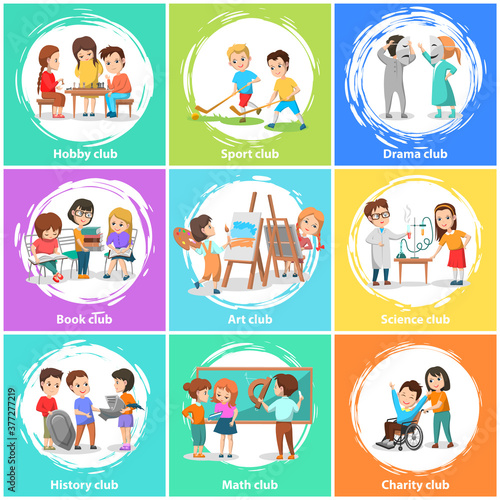 Clubs of interest like sport and drama  hobby and book  art and science  history and math or charity. Kids actively spend time playing or acting  reading or painting. Vector illustration in flat style