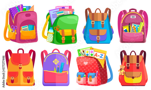 Colored school backpack. Education and study back to school, schoolbag luggage, rucksack vector illustration. Kids school bag with education equipment. Backpacks with study supplies. Student satchels